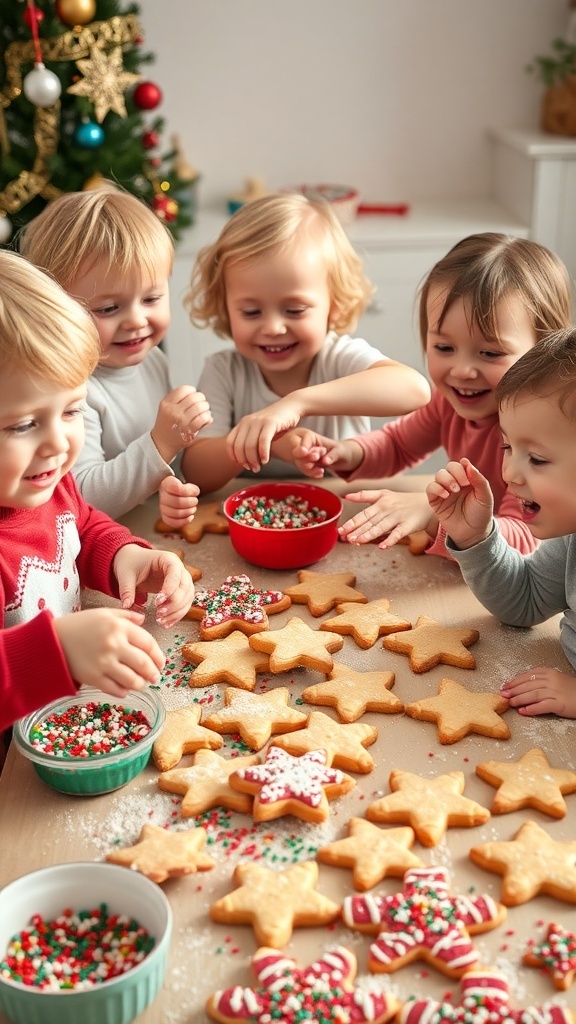 Toddlers decorating Christmas cookies with icing and sprinkles, surrounded by festive baking supplies.